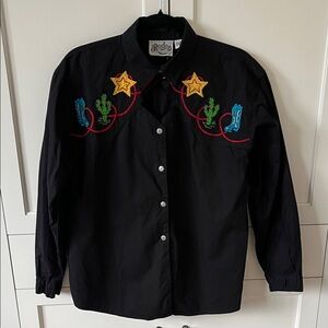 Vintage Black Western Blouse with Embroidered Accents